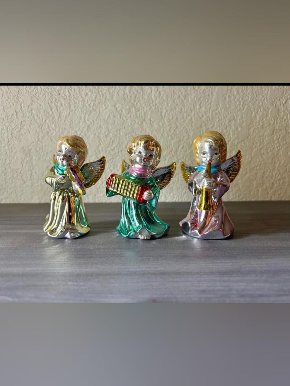 Vintage set of 3 Ceramic Metallic Musician Angels w/Gold And Multi Colored